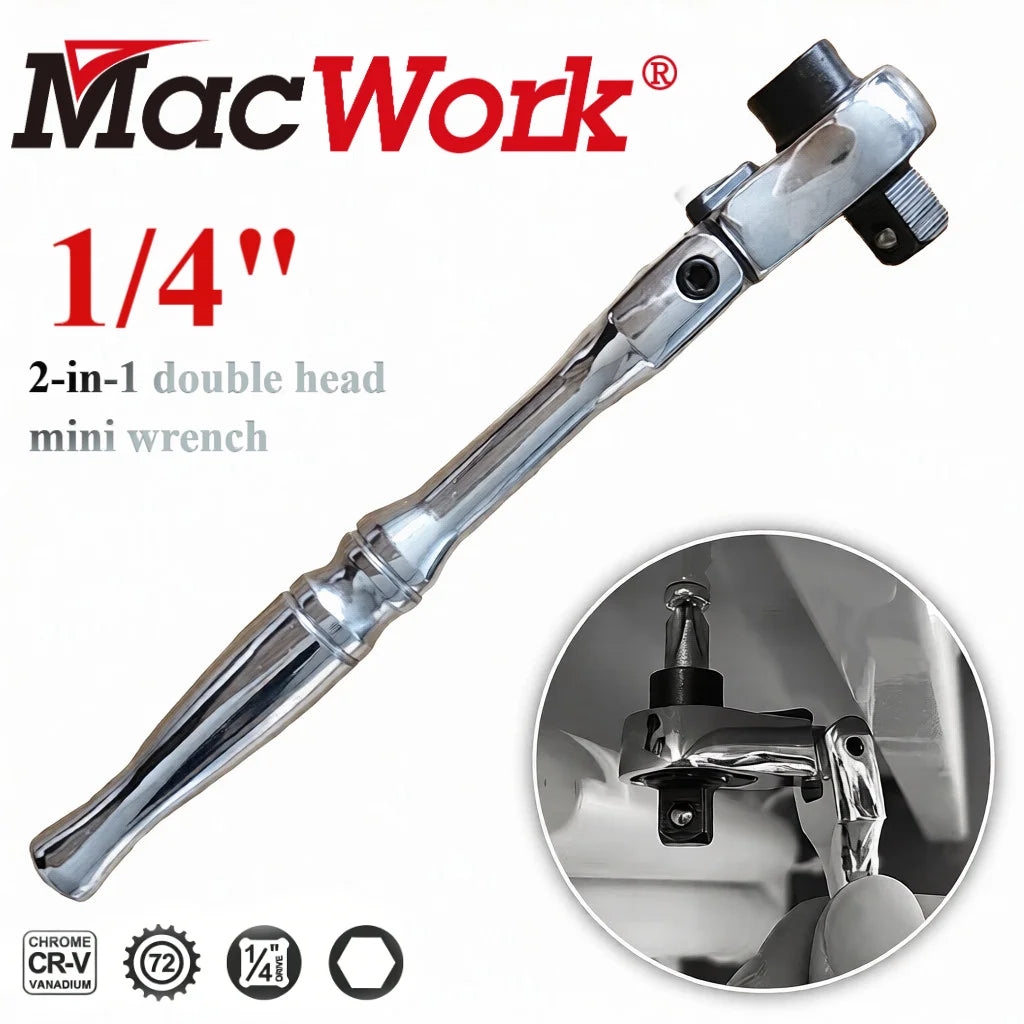 1/4 Ratchet Wrench, 2 In 1 Mini Ratchet - Socket And Bit Ratchet, 72 Teeth Reversible, 1/4 Ratchet Bent